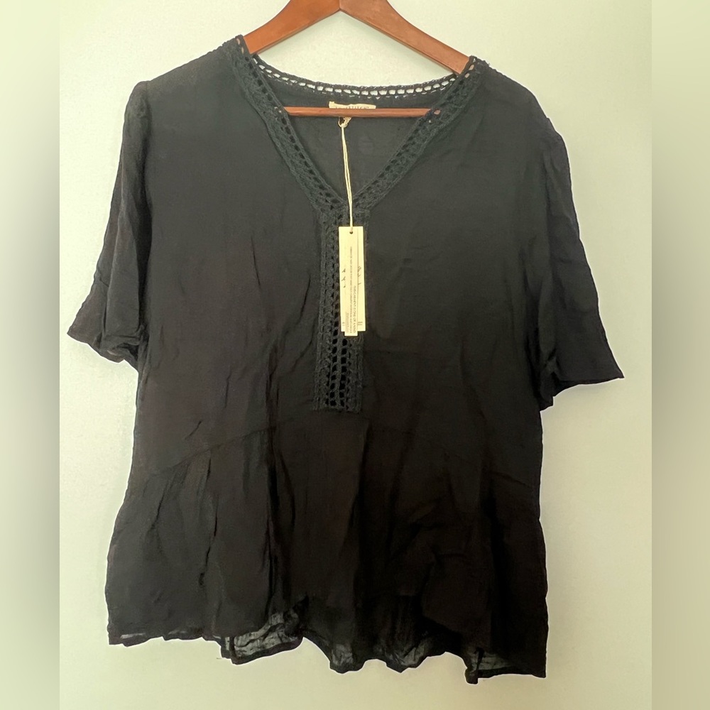 Black Peplum Top with Lace Trim